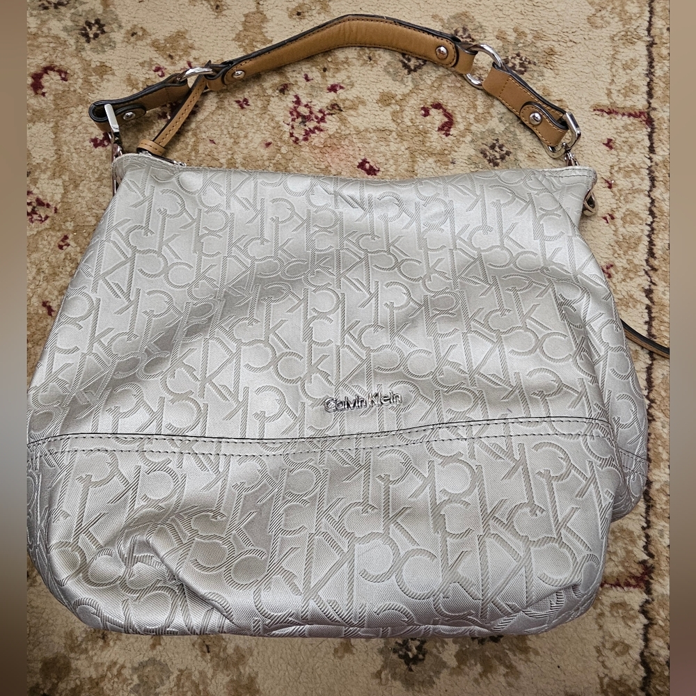 Calvin Klein Silver Debosswd Hobo Shoulder Bag